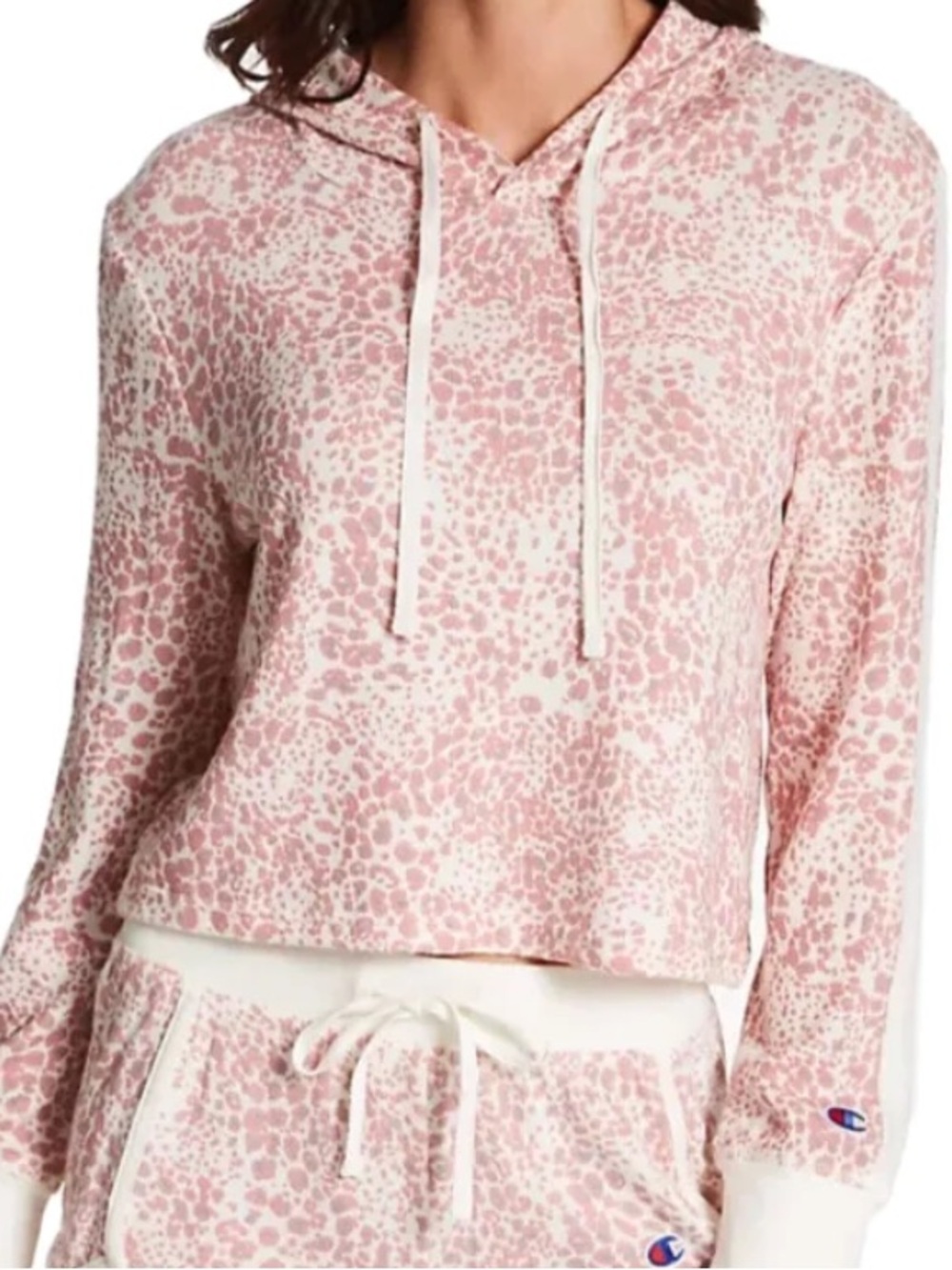 Champion Hacci Hooded Cropped Long Sleeve Top Olive Green Animal Print Size Lg